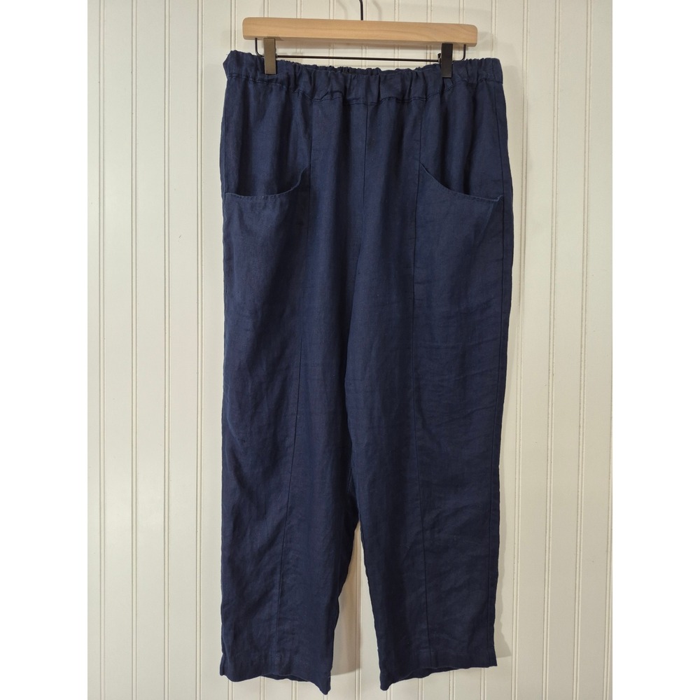 Quince Navy 100% European Linen Wide Leg Pants Large Elastic Waist Pockets 34x25